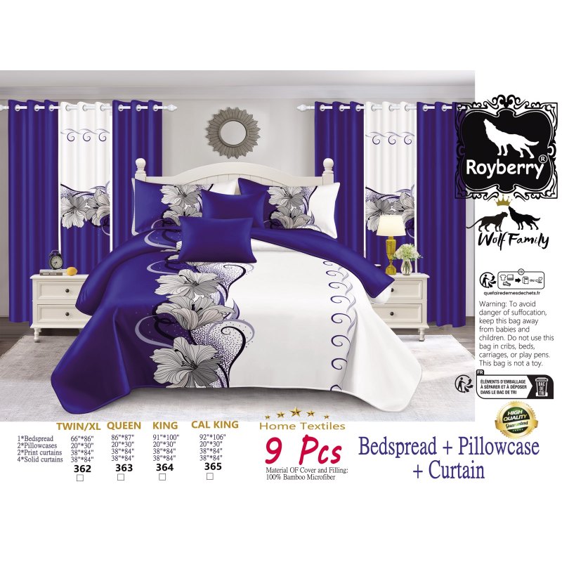 9-Piece Blue And White Lotus Bedspread And Curtain Set For King (Option: KING)