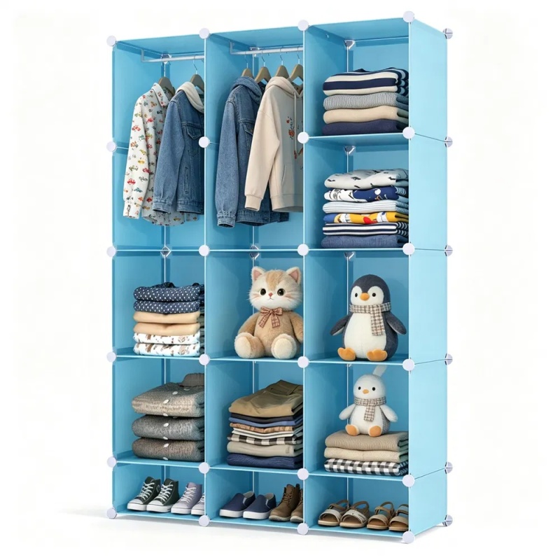 3-Cube Blue Modular Kids Closet, PP & Metal Storage Organizer with Hanging Rods, Tool-Free Assembly Baby Wardrobe for Clothes Toys Books (Option: default title)