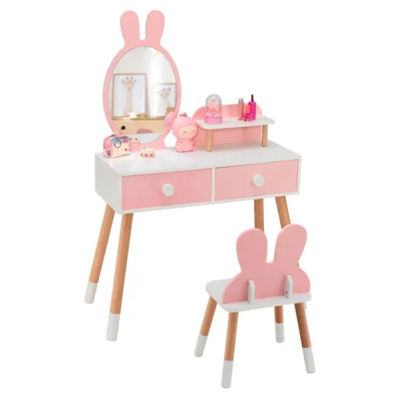 2-in-1 Kids Vanity Table Set With Detachable Mirror, Pink Dressing Table With Storage Shelf & Drawers For Girls (Option: defaulttitle)