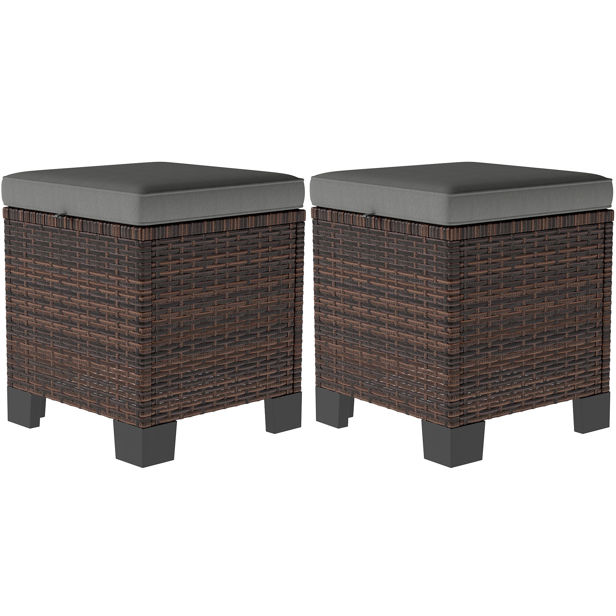 2 Piece Wicker Outdoor Ottomans With Cushions, Rattan Ottoman Footrest And Side Table For Patio, Yard, Poolside, Gray (Option: Gray)