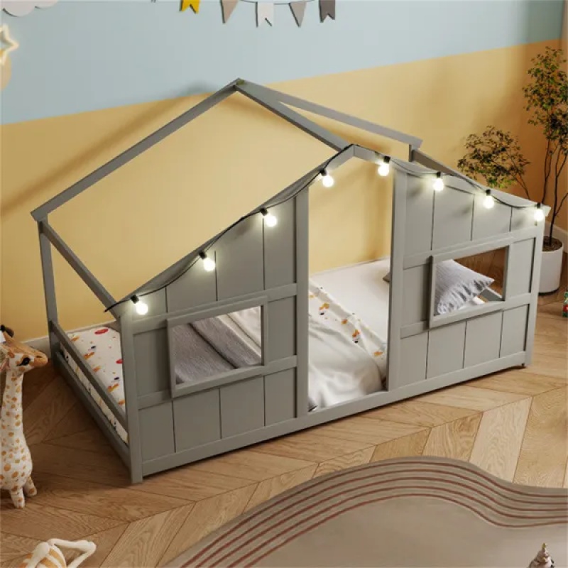 Twin-Size Kids House Gray Floor Bed- 82"x42"x51" Size, LED Light Strip (8 Warm-Glow Bulbs) for Cozy Atmosphere (Option: default title)