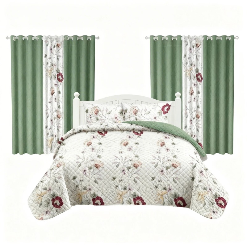 9 Piece Room In A Bag Quilt And Curtain Set, US Designer Sage Green Botanical Floral Print Heavyweight Bedspread With 6 Customizable Window Panel (Option: Cal King)