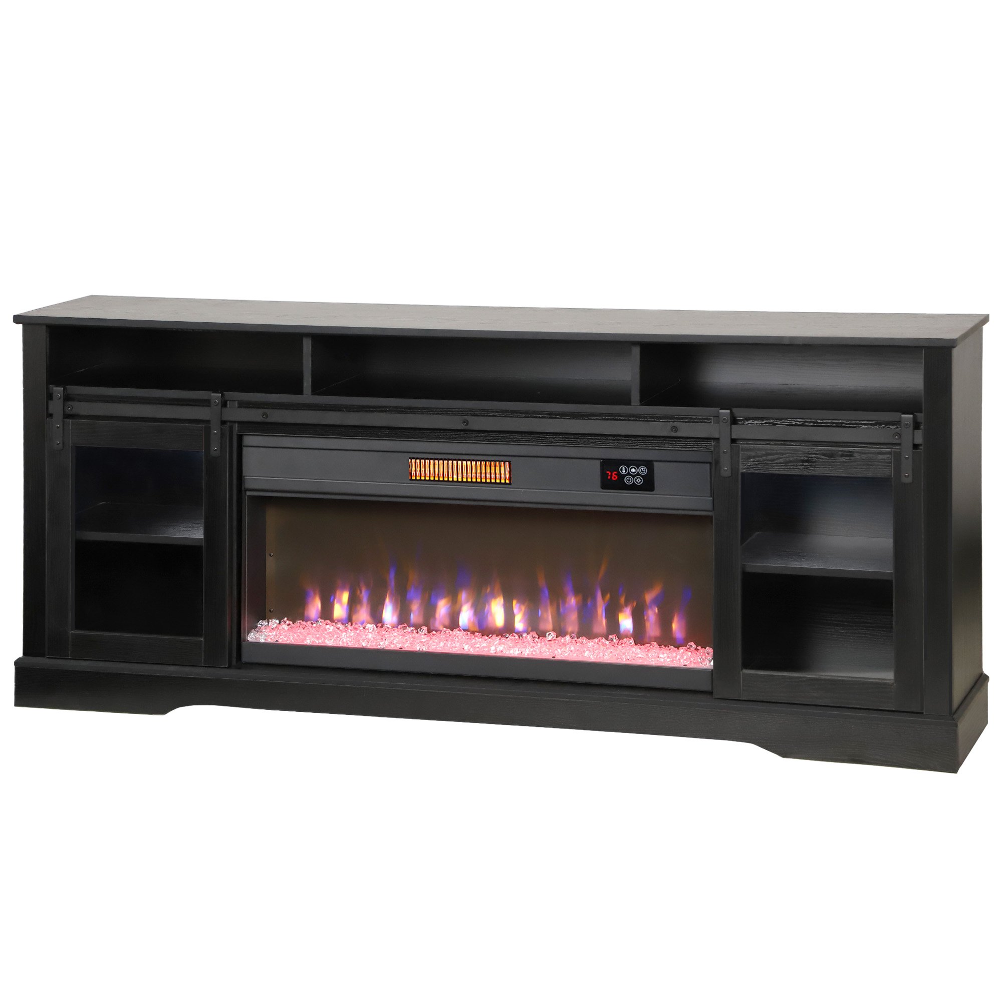 Fireplace TV Stand for TVs Up to 80 Inch, TV Console with Electric Fireplace, Open Storage and Side Cabinets, Black (Option: Black-1910x475x190 mm)