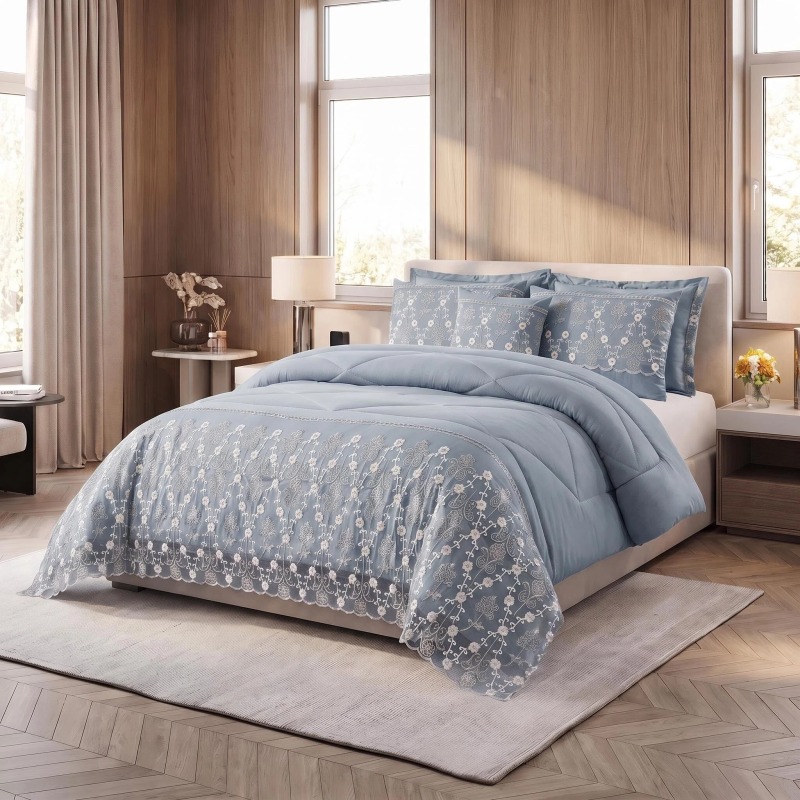 3-Piece Lace Embroidered Comforter Set with 2 Pillow Shams, Elegant Floral Bedding for Queen, King and California King Beds (Option: Light Blue-California King)