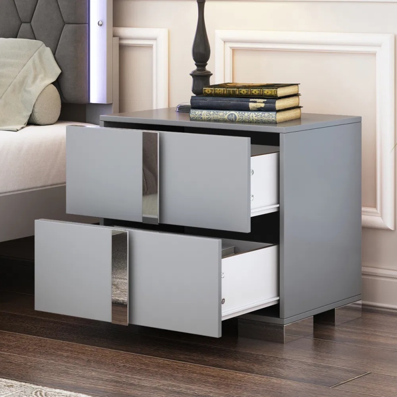 Elegant Nightstand With Metal Foot, Mirrored Bedside Table With 2 Drawers For Bedroom, Living Room, Gray (Option: defaulttitle)