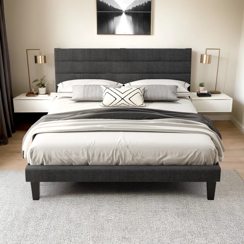 Dark Gray Queen Size Tufted Platform Bed Frame - Linen-Like Upholstery, Horizontal Stripe Headboard (Option: defaulttitle)