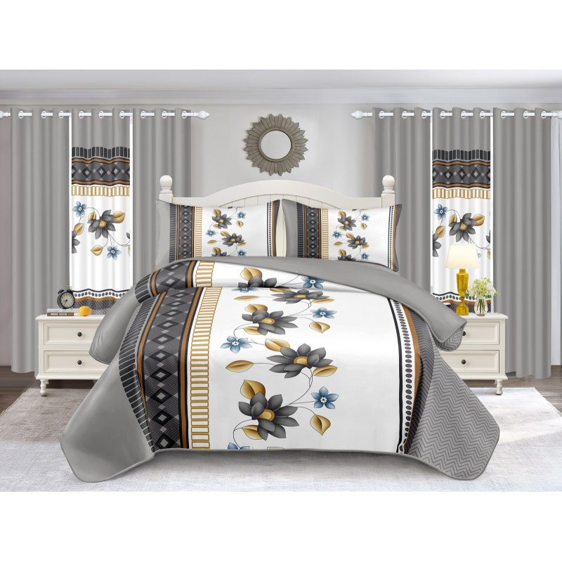 4-Piece Gray And White Floral Duvet Cover Bedding Set For Queen, King And California King (Option: KING)