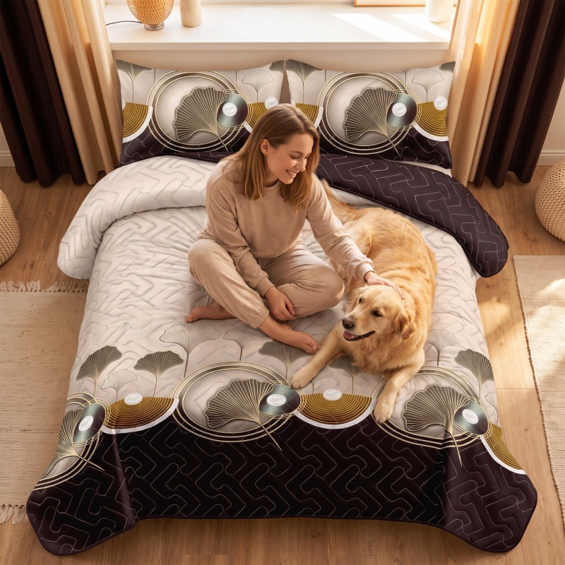 9-Piece Brown And Black Lotus Bedspread And Curtain Set, Reversible Microfiber Bedding Set For Queen And King (Option: KING)