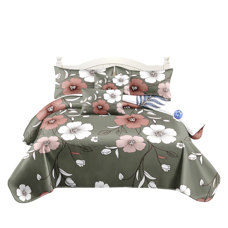 5 Piece Reversible Duvet Cover Set, US Designer Sage Green Vintage Floral Print Heavyweight Bedding Set With Pillow Shams And Throw Cushion Cover (Option: KING)