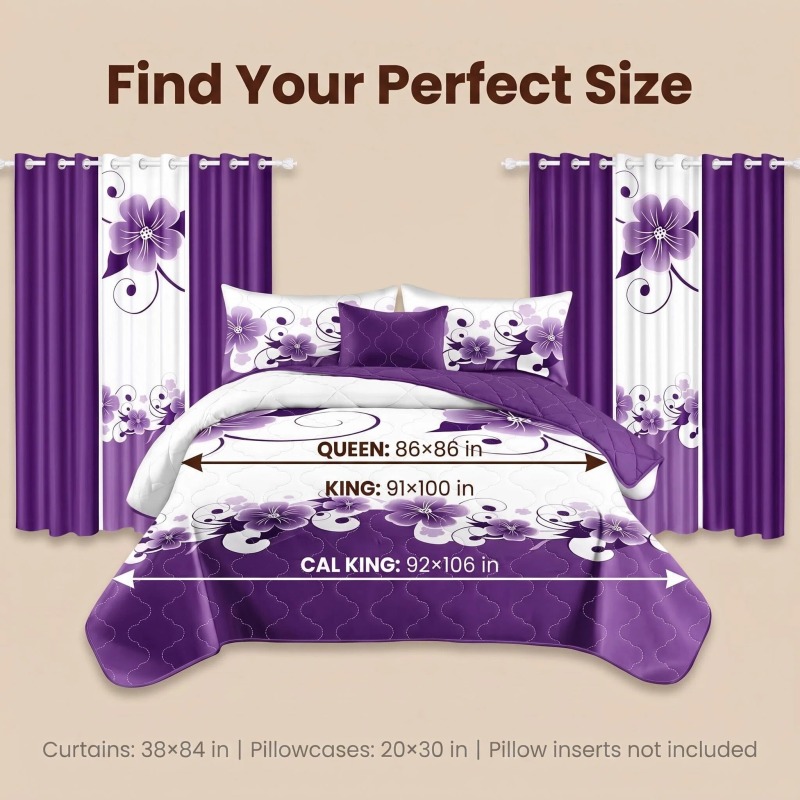 9-Piece Purple And White Gardenia Bedspread And Curtain Set, Reversible Microfiber Bedding Set For King And California King (Option: KING)