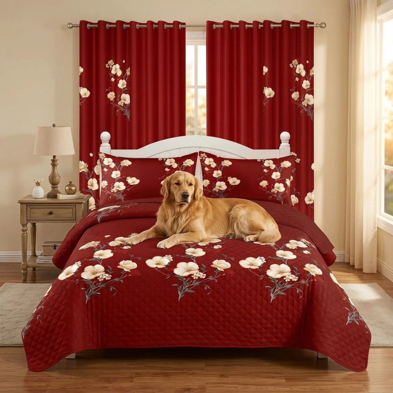 9-Piece Red Floral Quilt and Curtain Set, Reversible Microfiber Bedspread with 2 Pillow Shams and 6 Window Curtains, Queen, King and California K (Option: California King)
