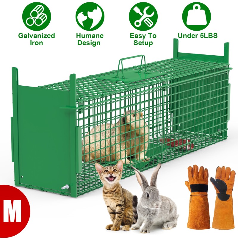 32in 2 Door Live Animal Cage Trap With Glove Green For Animals Under 12LBS Easy To Setup Humane Galvanized Iron Trap Cage For Rabbits Groundhogs (Option: With Glove-Green M Size 32in)