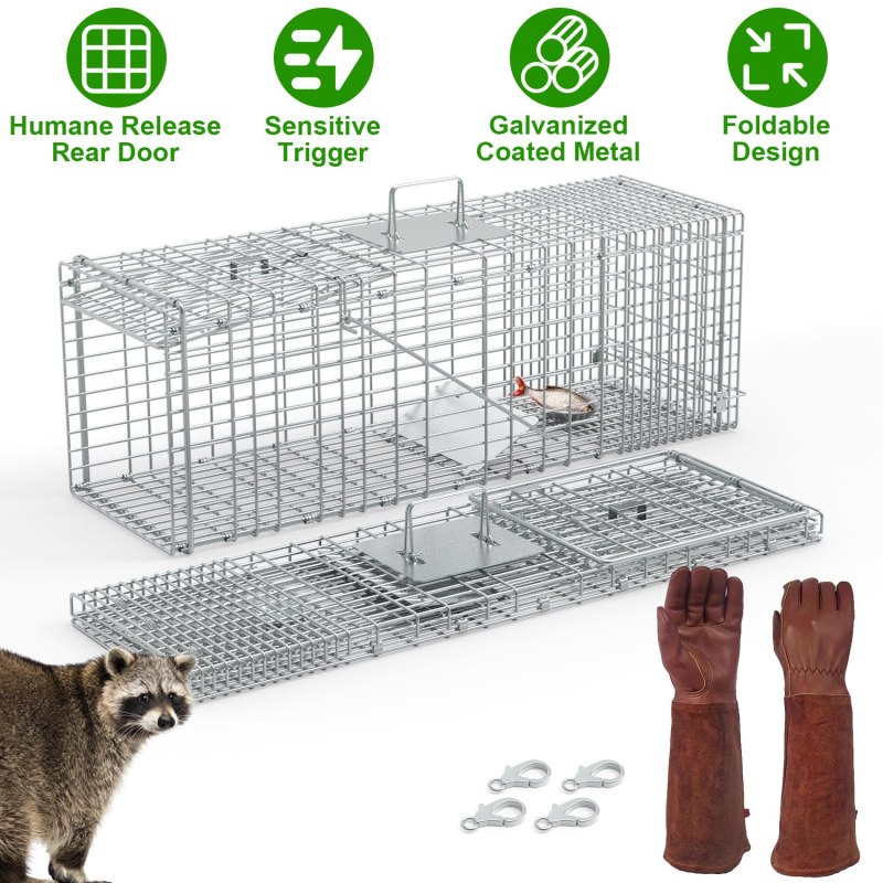 1Pc Humane Cat Trap Cage With Gloves Catch Release Live Animal Rodent Cage Collapsible Galvanized Wire For Raccoons Beavers Groundhogs Foxes Arma (Option: Silver)