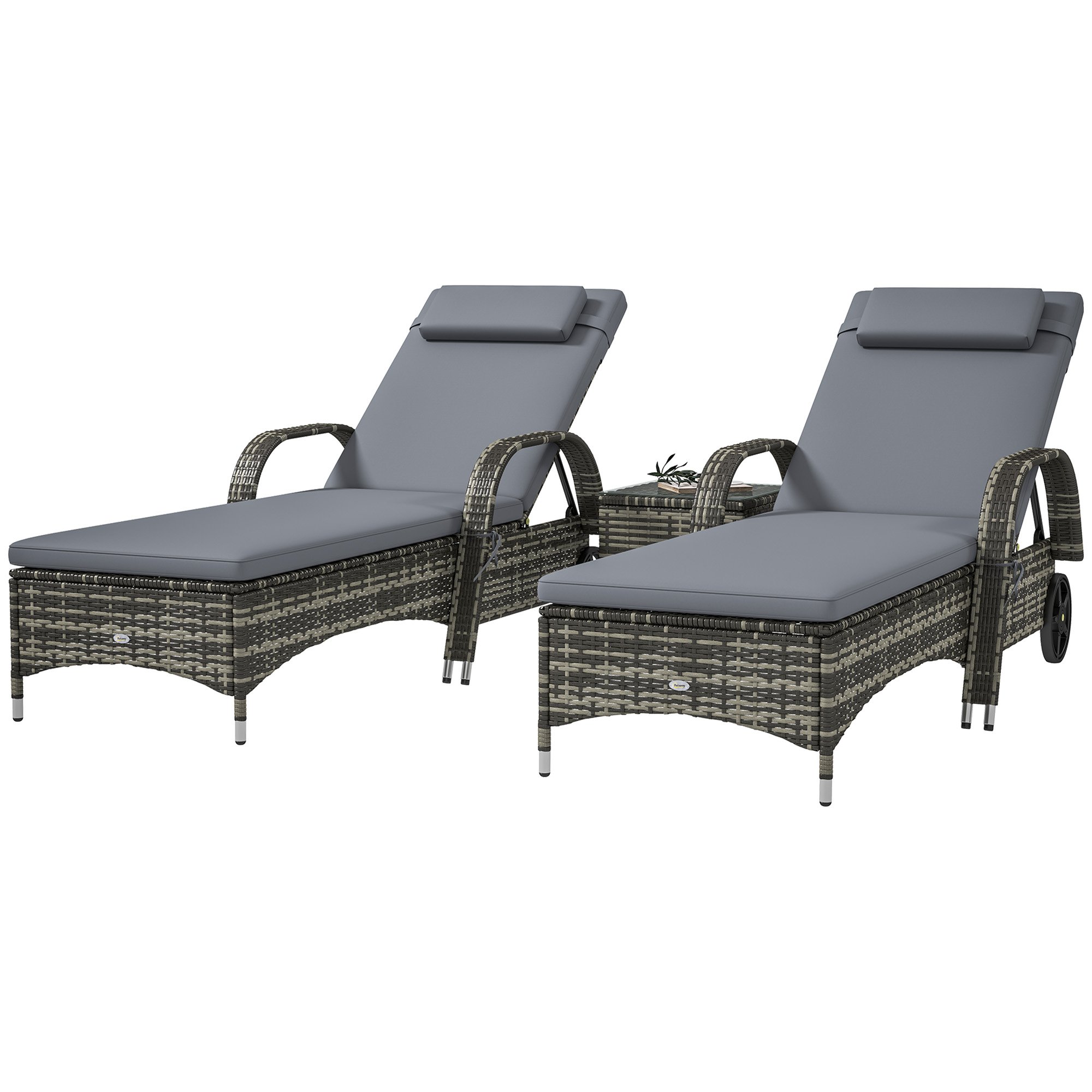 Patio Wicker Chaise Lounge Chair Set Of 2 With Table, Adjustable Backrest, Wheels, Cushion & Headrest, Gray (Option: Gray)
