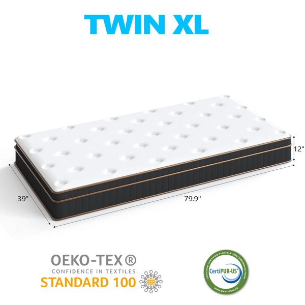 12 Inch Twin XL Mattress, Innerspring Mattress With Black Gold Trim & White Cover - Medium Firm Support, Cooling Technology For College Dorm, Gue (Option: defaulttitle)