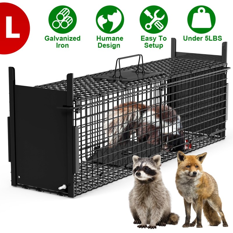 Live Animal Cage Trap For Animals Humane Galvanized Iron Trap Cage For Raccoons Armadillos Foxes Opossums Muskrats Beavers 26in 32in 40in Size Op (Option: Black-L Size 40in-No Glove)