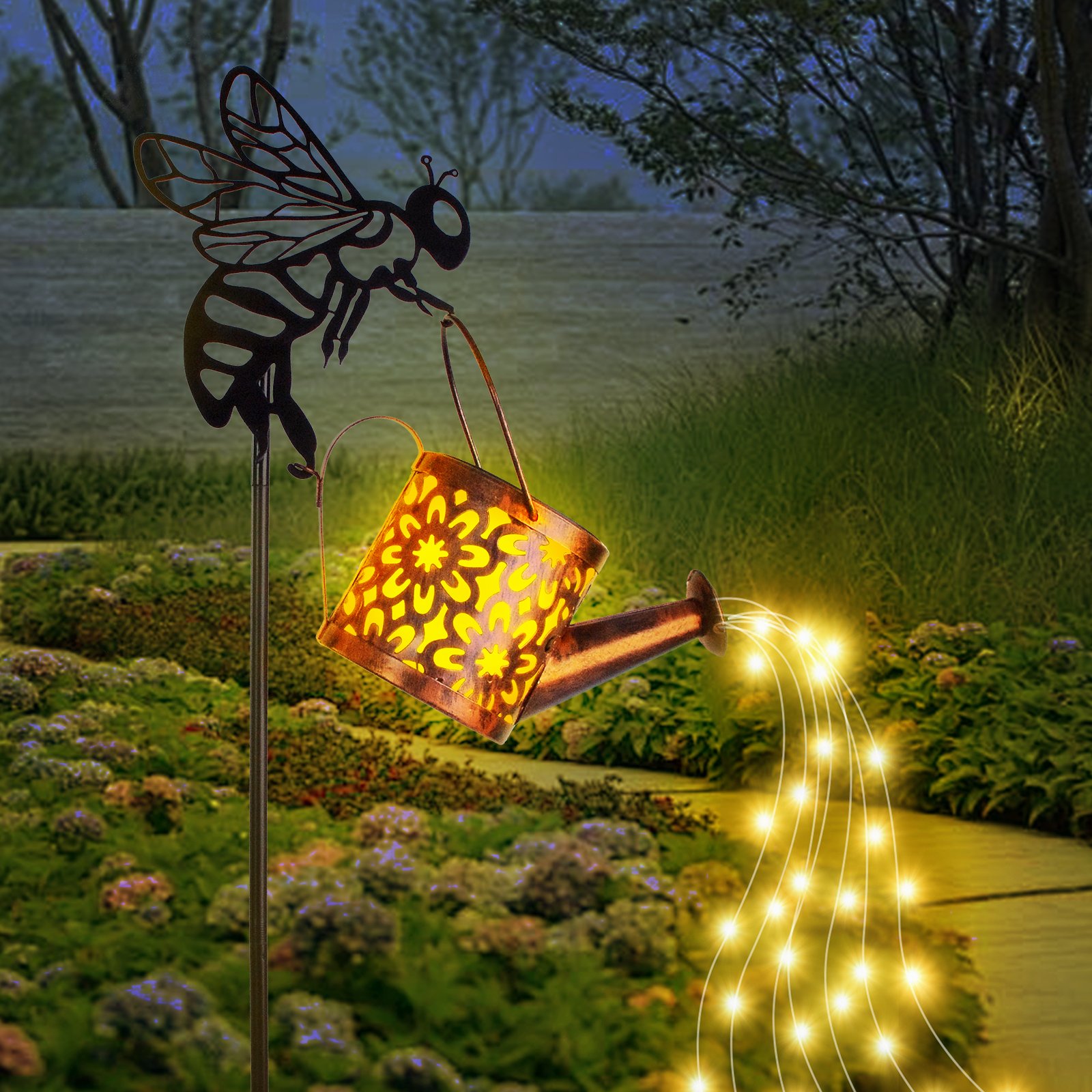 Solar Garden Lights Outdoor Decoration,Flower-shaped Lights Metal Solar Watering Can Lights Outdoor Waterproof, Small Patio Light Yard Lawn Pathw (Option: 1Pcs)