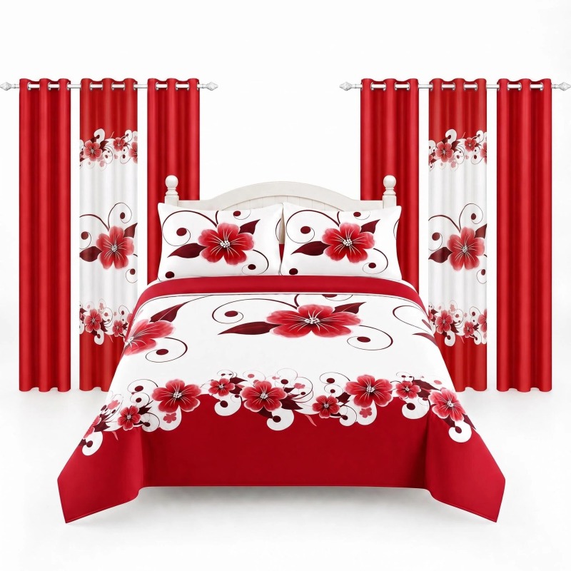 9-Piece Red And White Gardenia Duvet Cover Bedding Set For Queen, King And California King (Option: Queen)