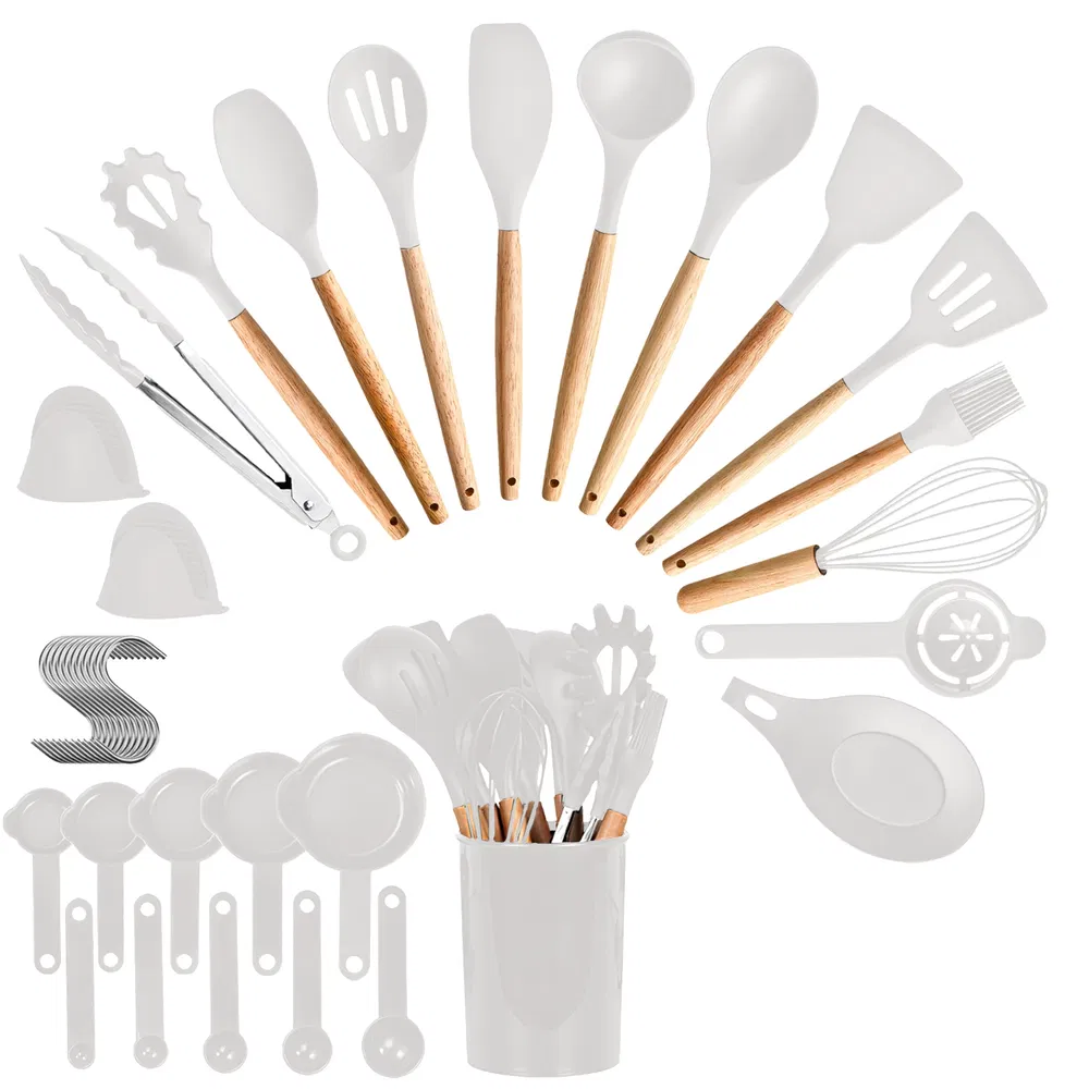 35Pcs Kitchen Cooking Utensils Set Spatula Set Baking Utensil Set Kitchen Accessories Necessities With Holder Egg Whisk Separator Tong Turner Spo (Color: White)