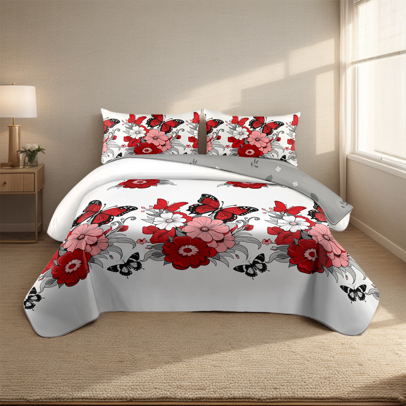 Red Floral Butterfly 4-Piece Duvet Cover Set with Fitted Sheet and 2 Pillowcases, Botanical Bedding Set for Queen, King and California King Beds (Option: Queen)