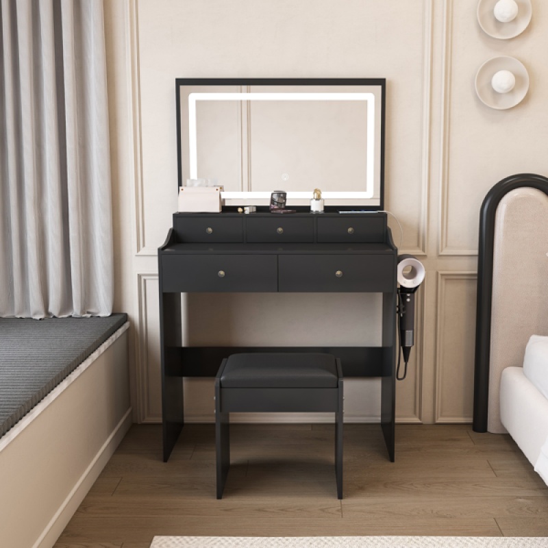 New Large Mirror Vanity Desk for Bed room , Modern Makeup Vanity Set with Power Outlet and Hair dryer holder, 5 Drawers , 3 Lighting Color Adjust (Option: default title)