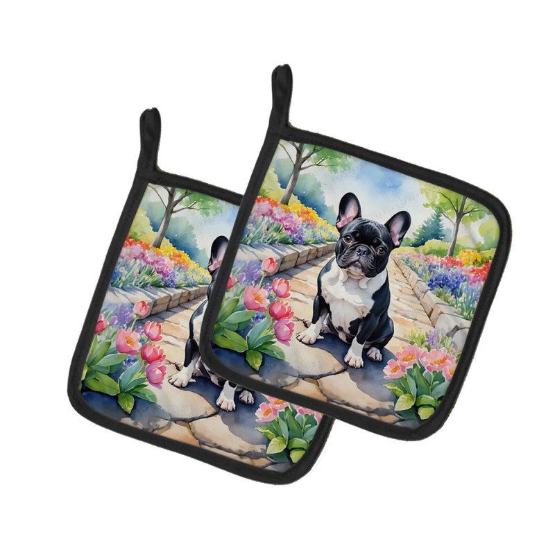 French Bulldog Spring Path Pair of Pot Holders Kitchen Heat Resistant Pot Holders Sets Oven Hot Pads for Cooking Baking BBQ, 7 1/2 x 7 1/2 (Option: Default)