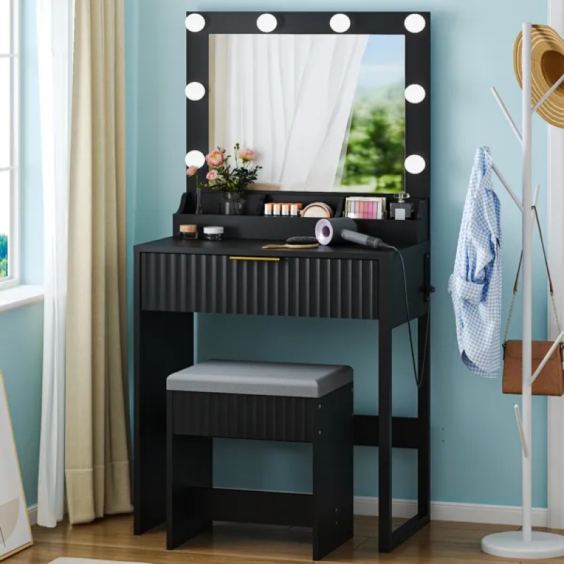 Black particleboard with a 3-compartment, 1-drawer dressing table set with 8 three-tone light bulbs, power strip, and grille series (Option: default title)