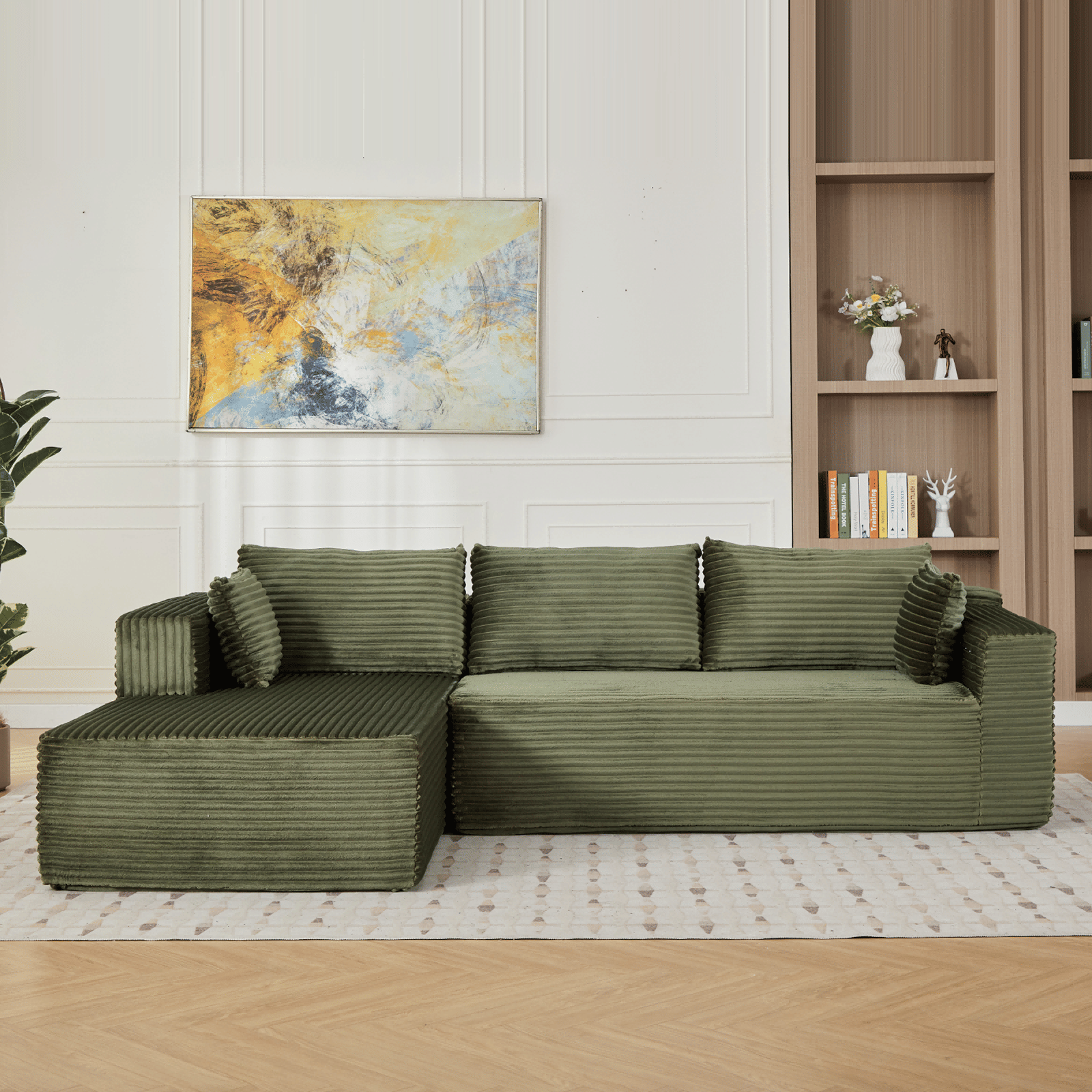 Compression Sectional Couch with Comfy Chaise, Boneless L Shape Sofa with Deep Seat (Color: Green)