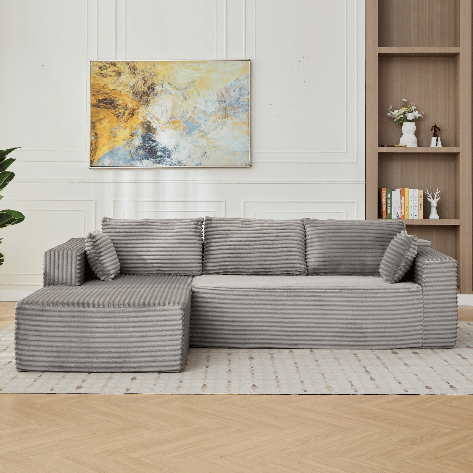 Compression Sectional Couch with Comfy Chaise, Boneless L Shape Sofa with Deep Seat (Color: Grey)