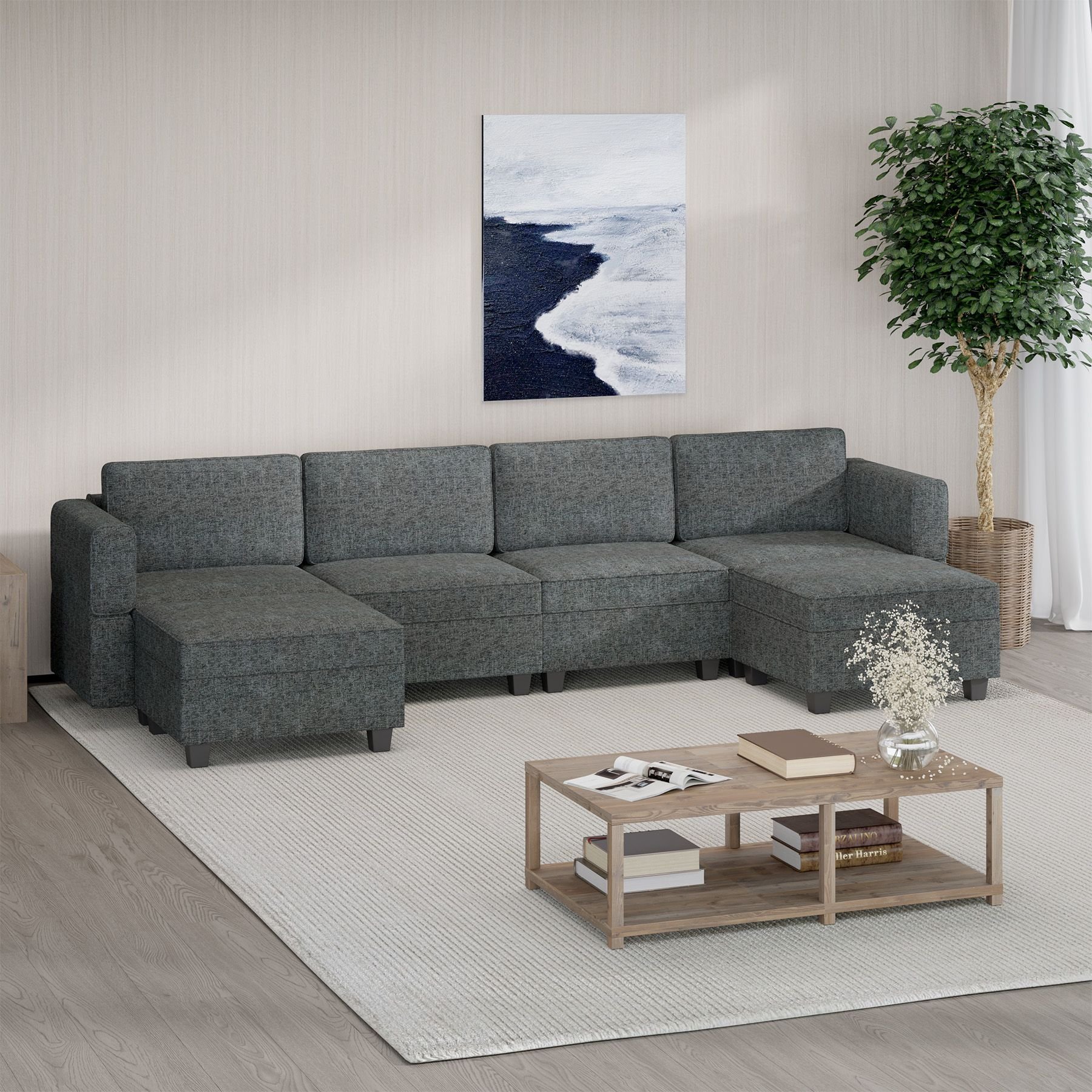 The multi-person modular combination sofa has storage space under each seat, making it convenient for you to organize your personal items neatly. (Color: Dark grey, Seating Capacity: 6-seat U-shaped)