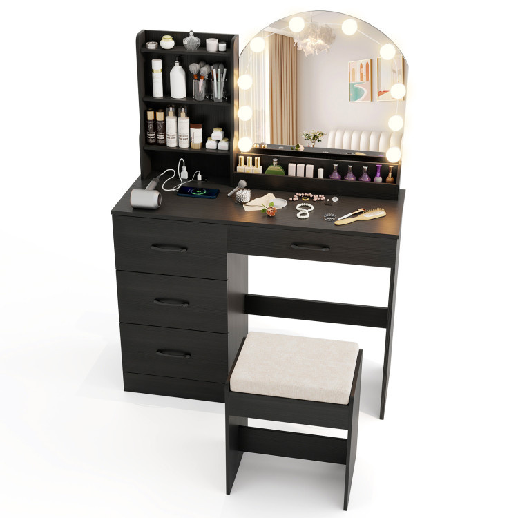 Makeup Vanity Desk Dressing Table and Stool Set with Mirror and Lights (Color: Black)