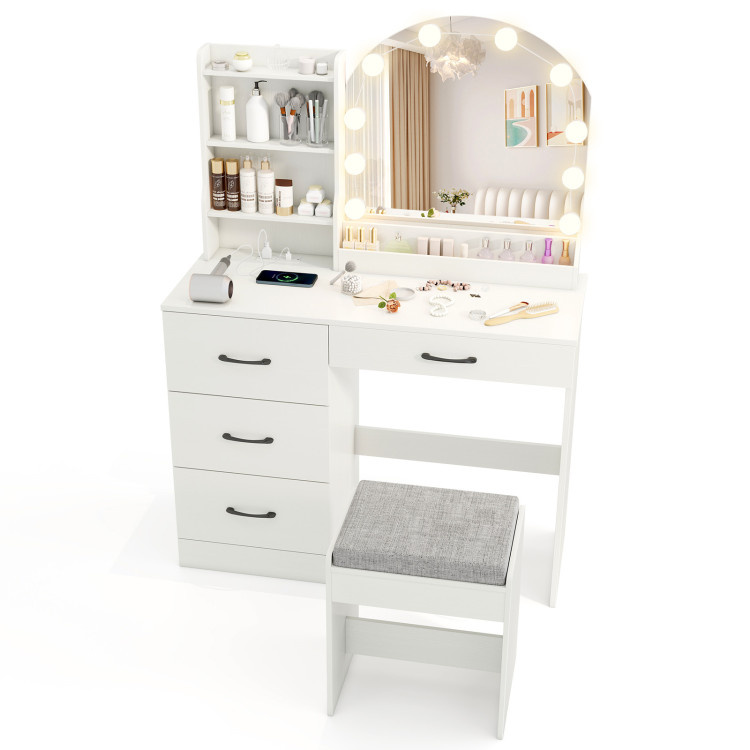 Makeup Vanity Desk Dressing Table and Stool Set with Mirror and Lights (Color: White)