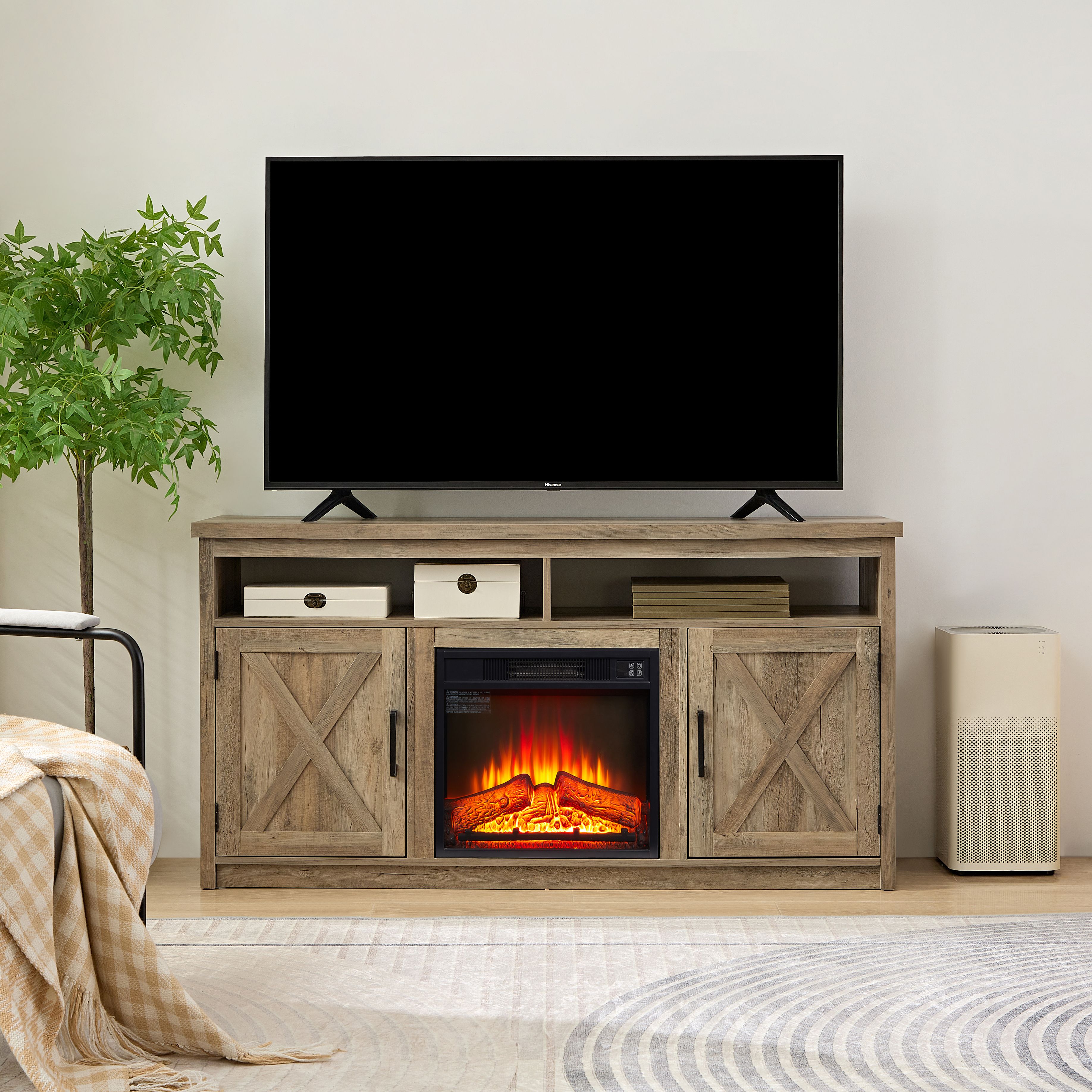 Farmhouse TV Media Stand, Large Barn Inspired Home Entertainment Console, with 18" Fireplace Insert, for TV Up to 65'' (Material: MDF, Color: Gray Wash)