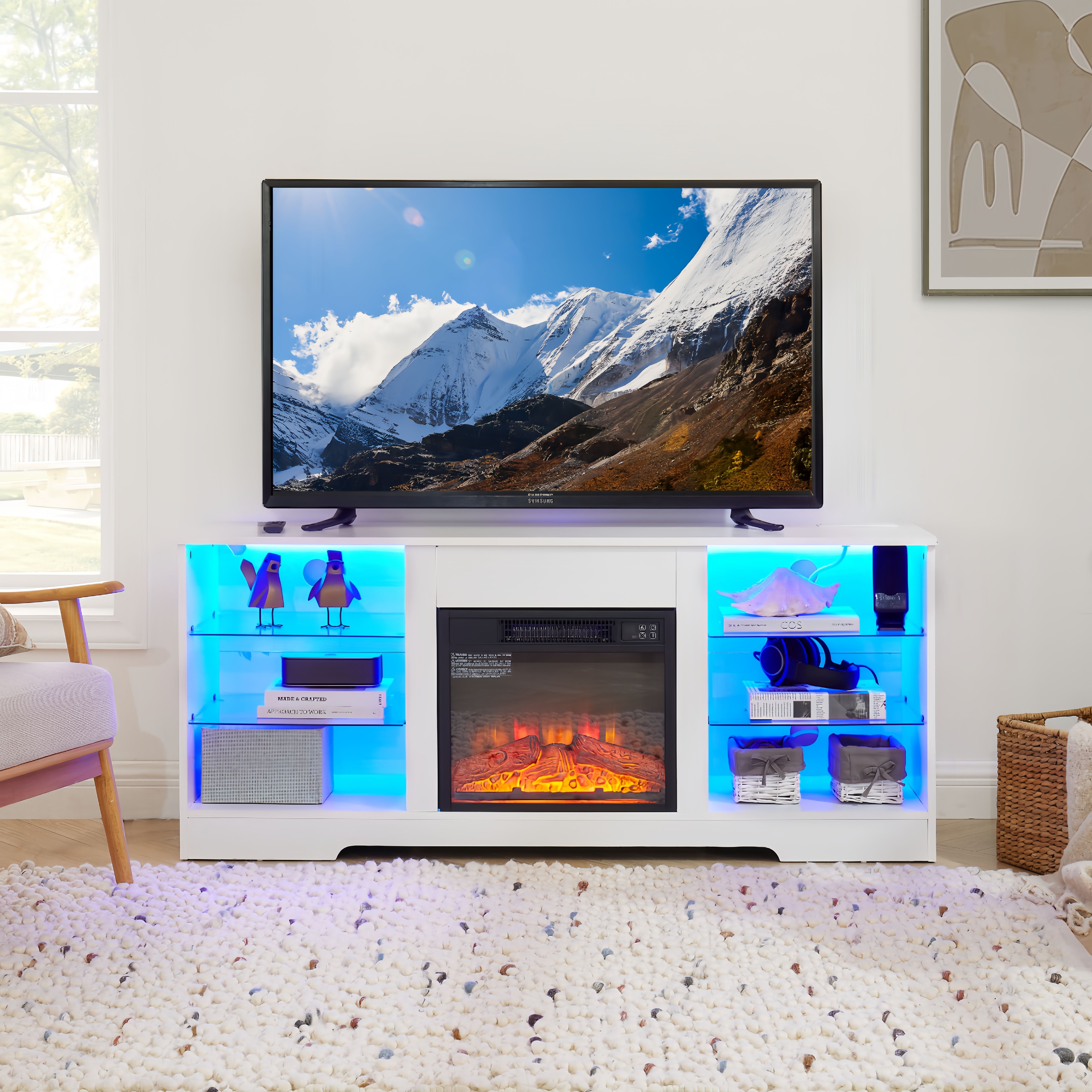 TV Stand Electric Fireplace TV Stand with Glass Shelves (Material: MDF, Color: White)