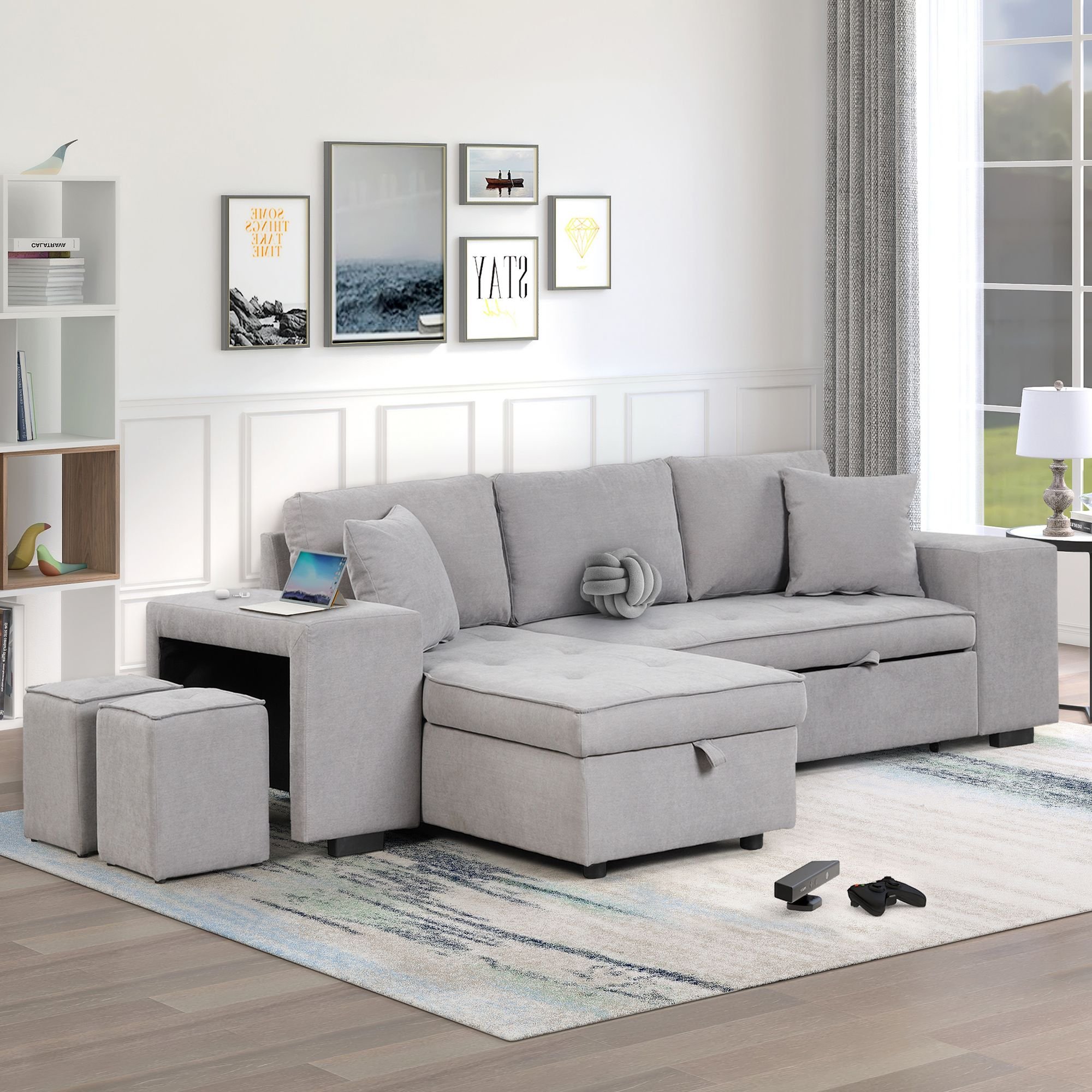 104.5" Pull Out Sleeper Sofa Reversible L-Shape 3 Seat Sectional Couch with Storage Chaise and 2 Stools for Living Room Furniture Set (Material: Linen, Color: Gray)