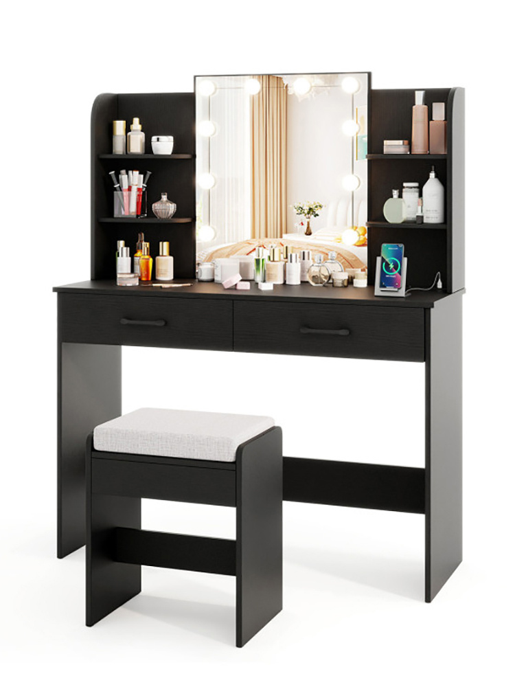 Vanity Set with Lighted Mirror and Stool with Power Outlet (Color: Black)