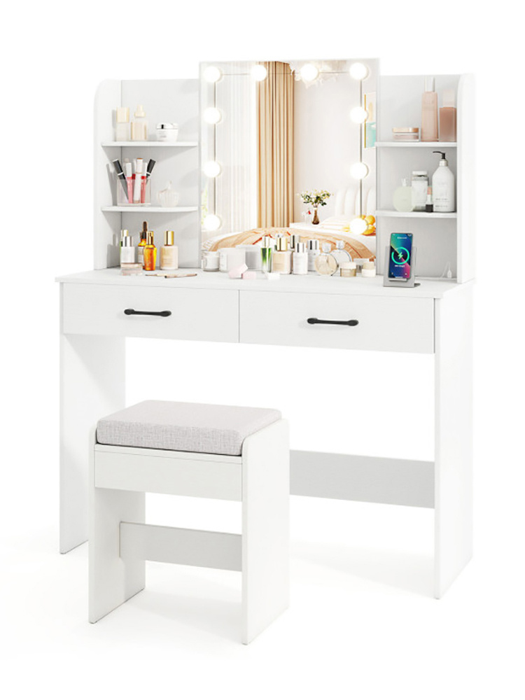 Vanity Set with Lighted Mirror and Stool with Power Outlet (Color: White)
