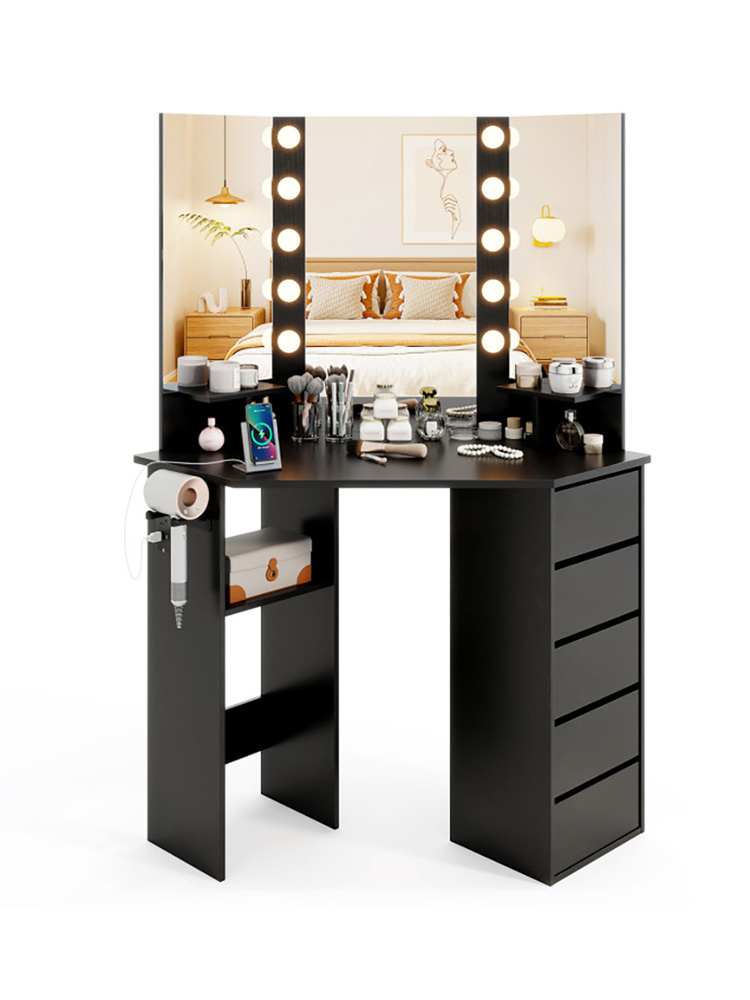Corner Vanity Desk with 3-Color LED Lighted Mirror and Power Outlet (Color: Black)