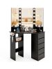 Corner Vanity Desk with 3-Color LED Lighted Mirror and Power Outlet