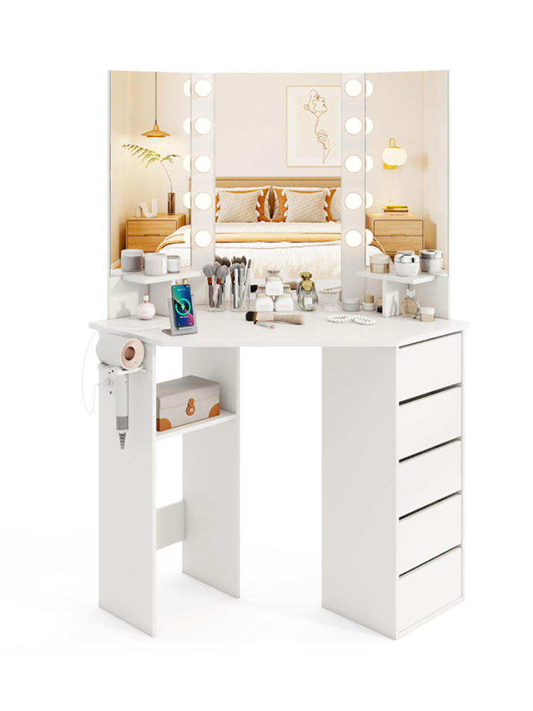 Corner Vanity Desk with 3-Color LED Lighted Mirror and Power Outlet (Color: White)