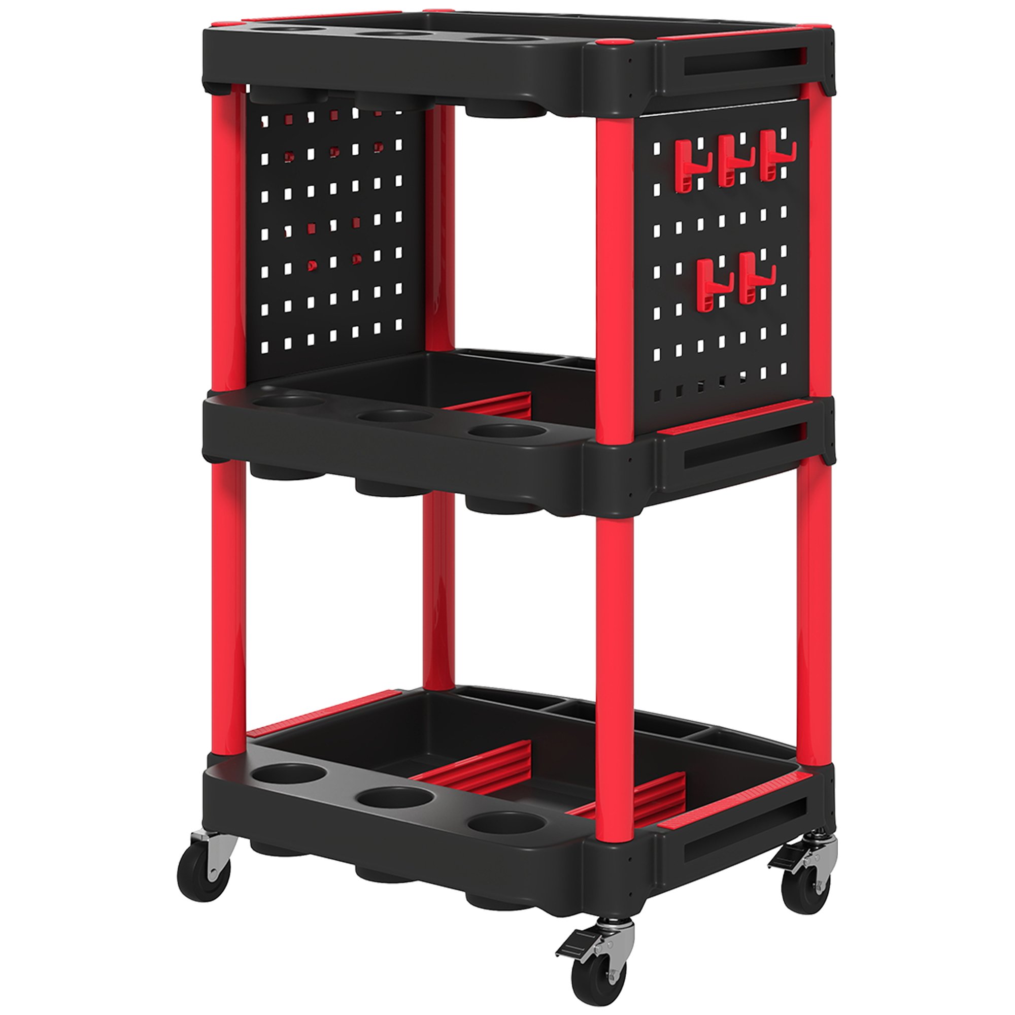 3-Tier Rolling Tool Cart, 200 LBS Capacity Plastic Utility Cart With Side Shelves For Garage, Workshop, Black And Red (Option: Black and Red)