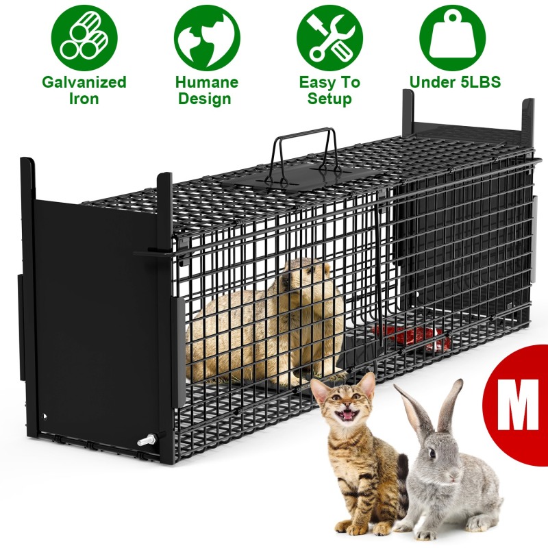 Live Animal Cage Trap For Animals Humane Galvanized Iron Trap Cage For Raccoons Armadillos Foxes Opossums Muskrats Beavers 26in 32in 40in Size Op (Option: Black-M Size 32in-No Glove)
