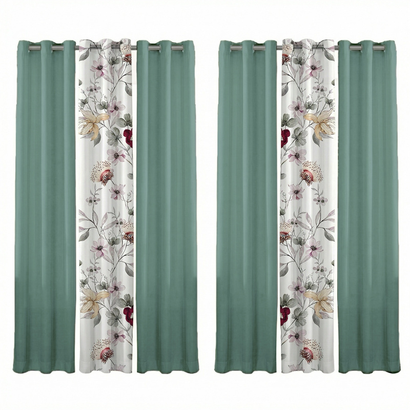 6 Piece Curtain Set, US Designer Sage Green And Botanical Floral Print Light Filtering Drapes, Semi-Sheer Window Panels With 1.6-Inch Grommet Top (Option: Curtain)