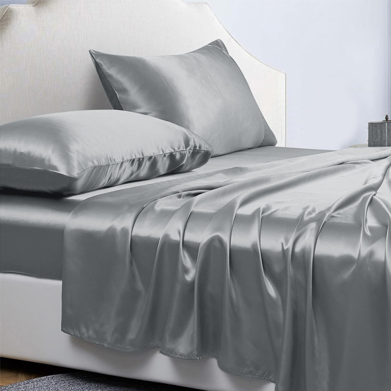 4-Piece Satin Bed Sheet Set, 14-Inch Deep Pocket (Option: grey)