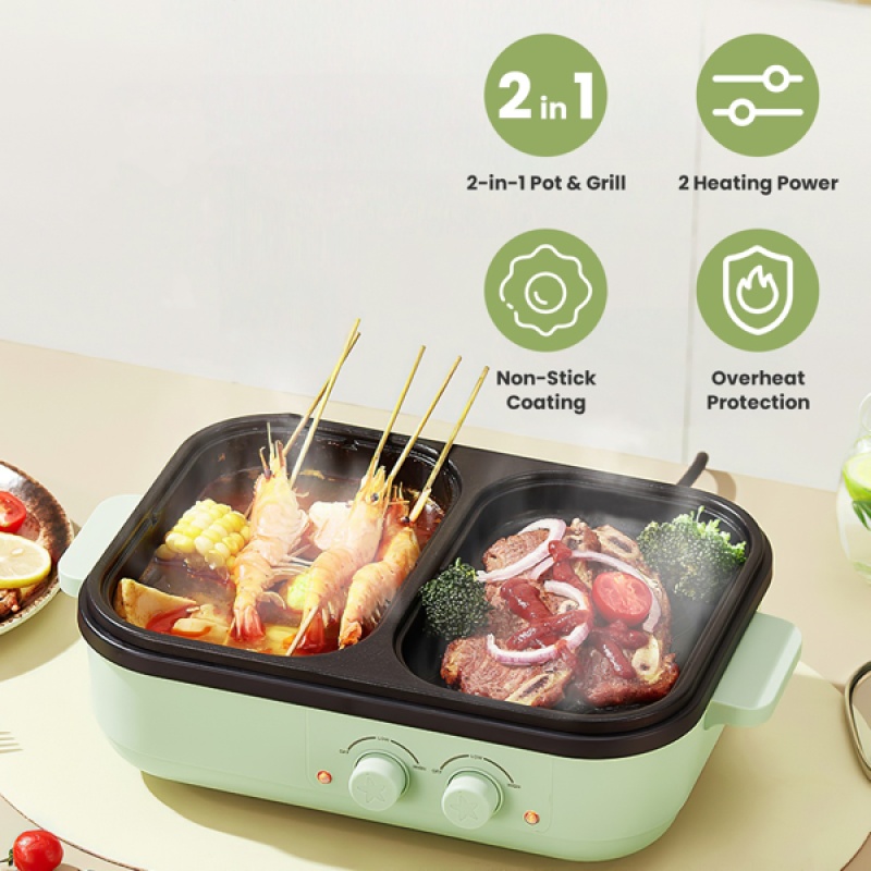 2-in-1 Electric Hot Pot & Grill Combo, Dual Separate Temperature Control, Non-Stick Die-Cast Aluminum, Overheat Protection, 33.82OZ Hot Pot 6.76O (Option: defaulttitle)