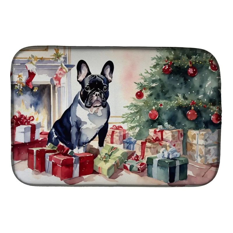 French Bulldog Cozy Christmas Dish Drying Mat Absorbent Dish Drying Mat Pad for Kitchen Counter Dish Drainer Mat for Countertop, 14 x 21", Multic (Option: Default)