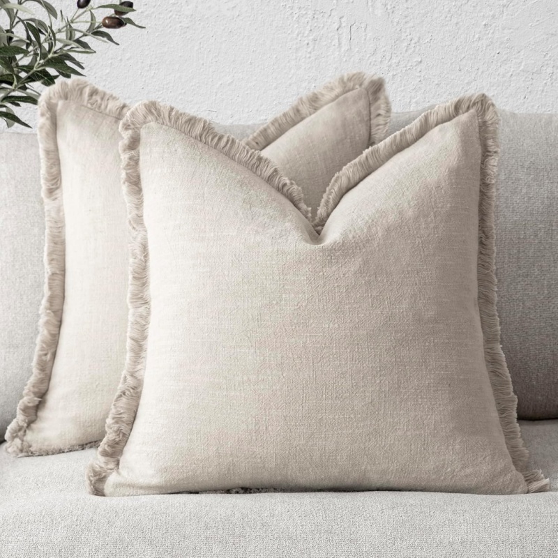 Decorative Linen Fringe Throw Pillow Cover 18x18 Inch, Beige Accent Cushion Case (Option: Natural Beige)
