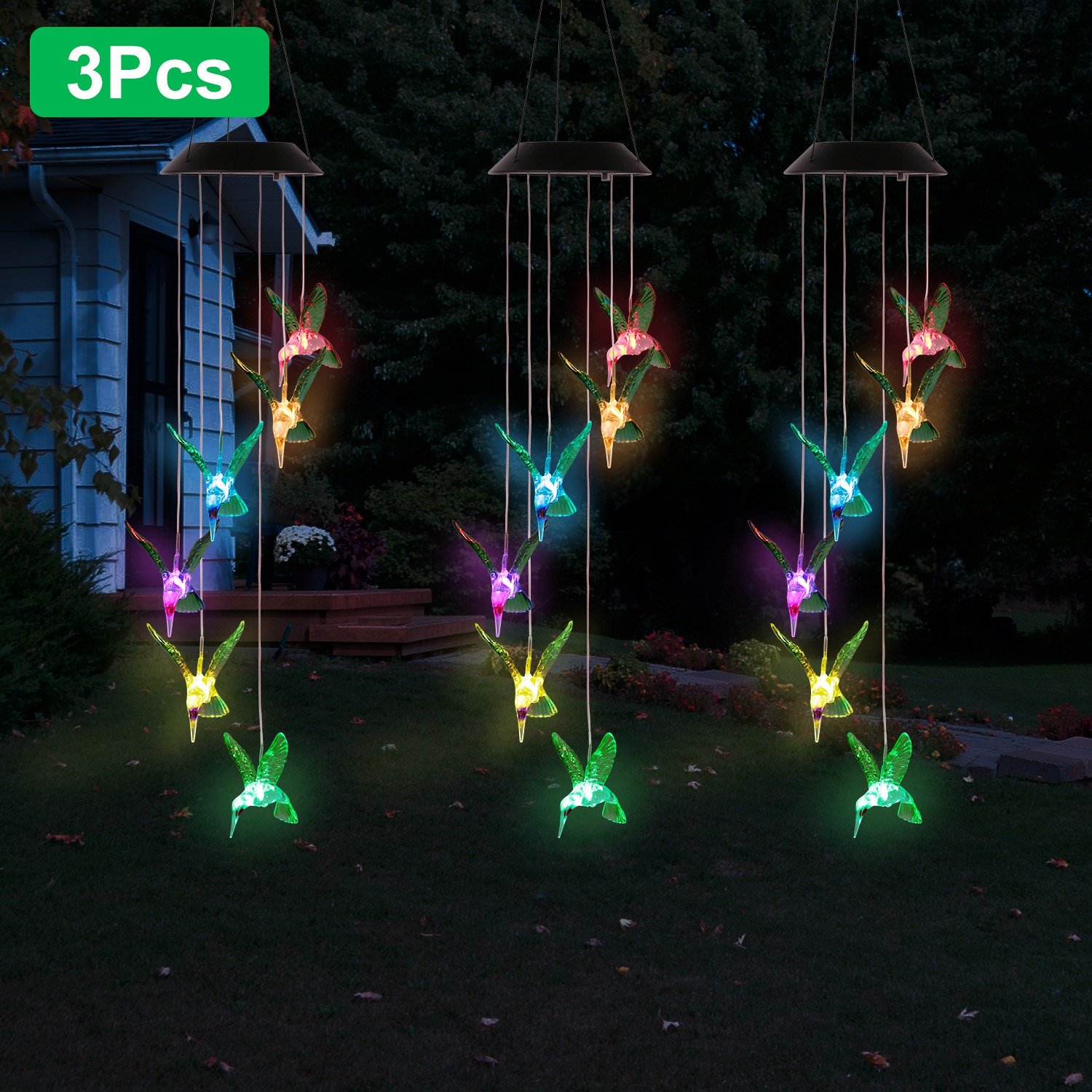 LED Solar Hummingbird Wind Chime Solar String Lights 6 LEDs Color-Changing IP65 Waterproof Decorative Lamp Lighting for Home Garden Fence Party (Option: 3Pc)
