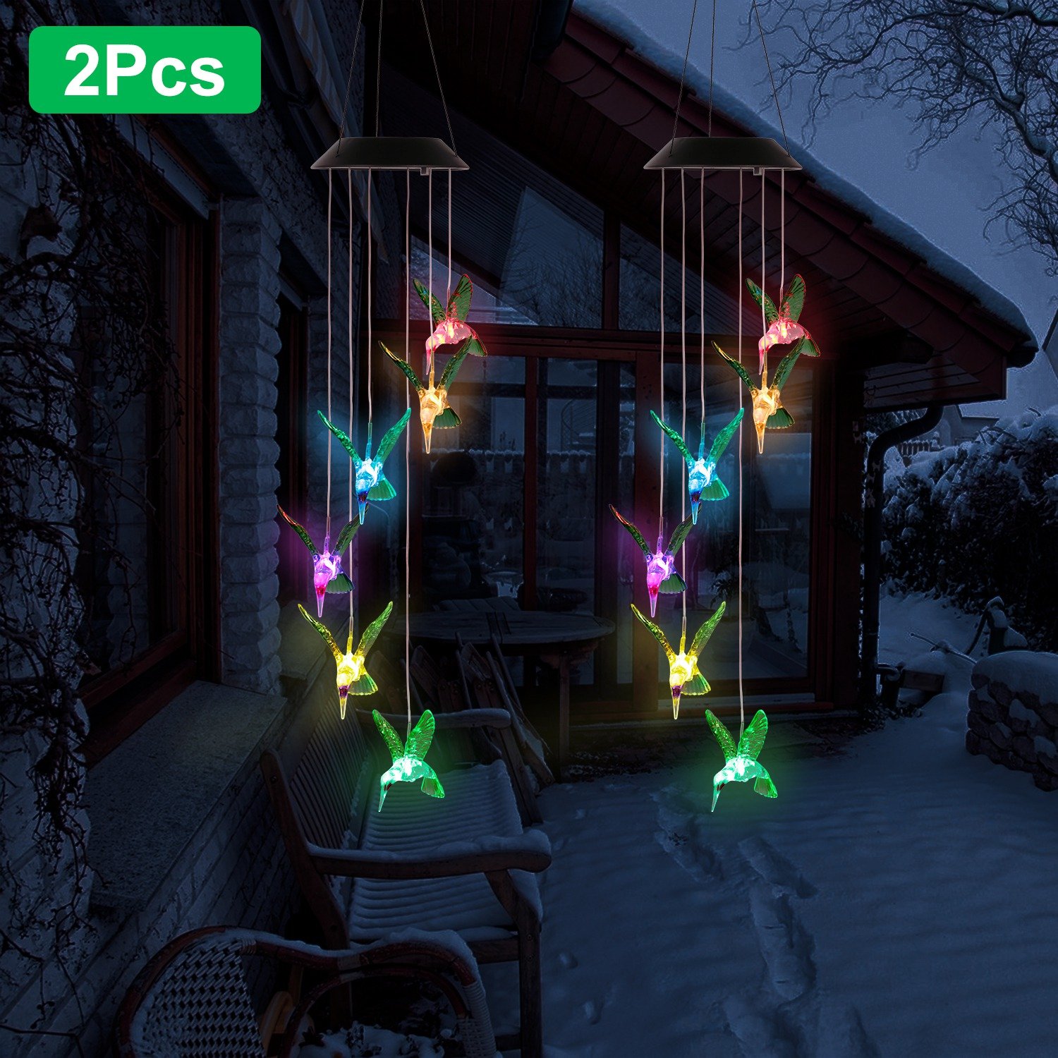 LED Solar Hummingbird Wind Chime Solar String Lights 6 LEDs Color-Changing IP65 Waterproof Decorative Lamp Lighting for Home Garden Fence Party (Option: 2pc)