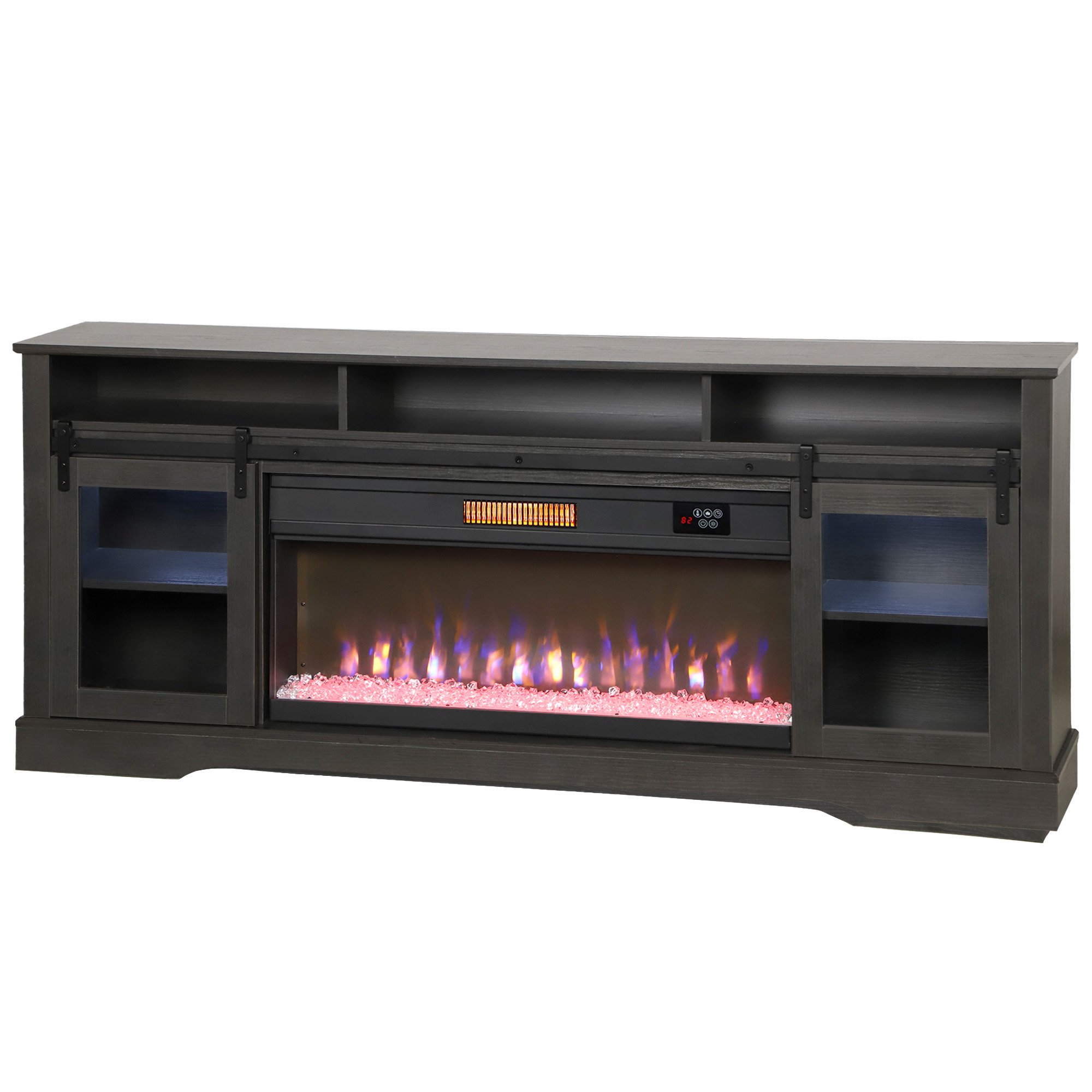 Fireplace TV Stand for TVs Up to 80 Inch, TV Console with Electric Fireplace, Open Storage and Side Cabinets, Gray (Option: Gray-1910x475x190 mm)
